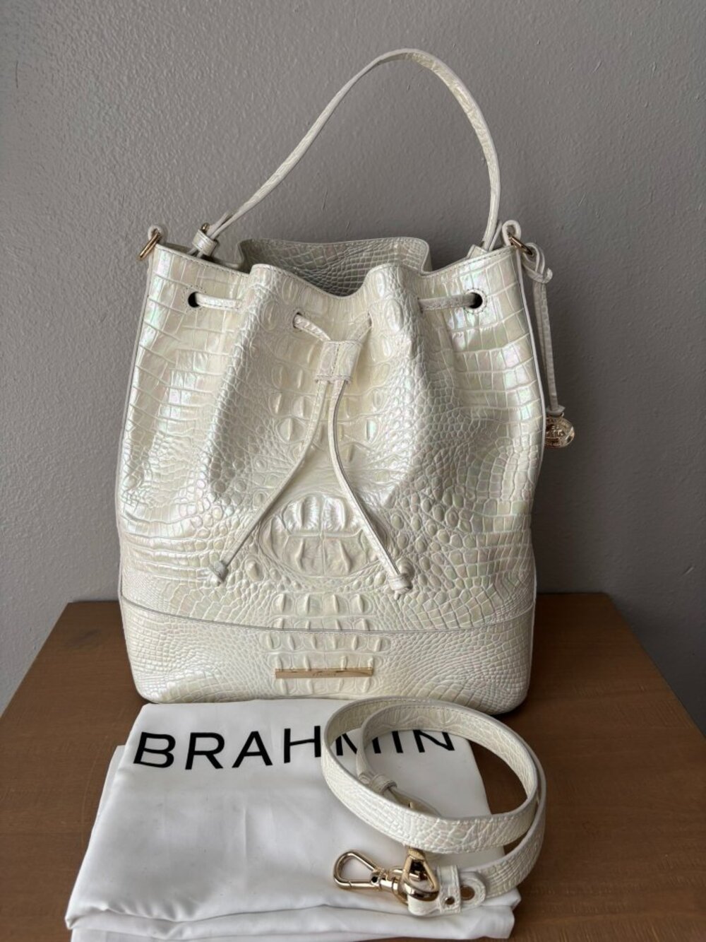 Brahmin Marlowe Shell White Melbourne Iridescent Croc Leather Bucket Bag